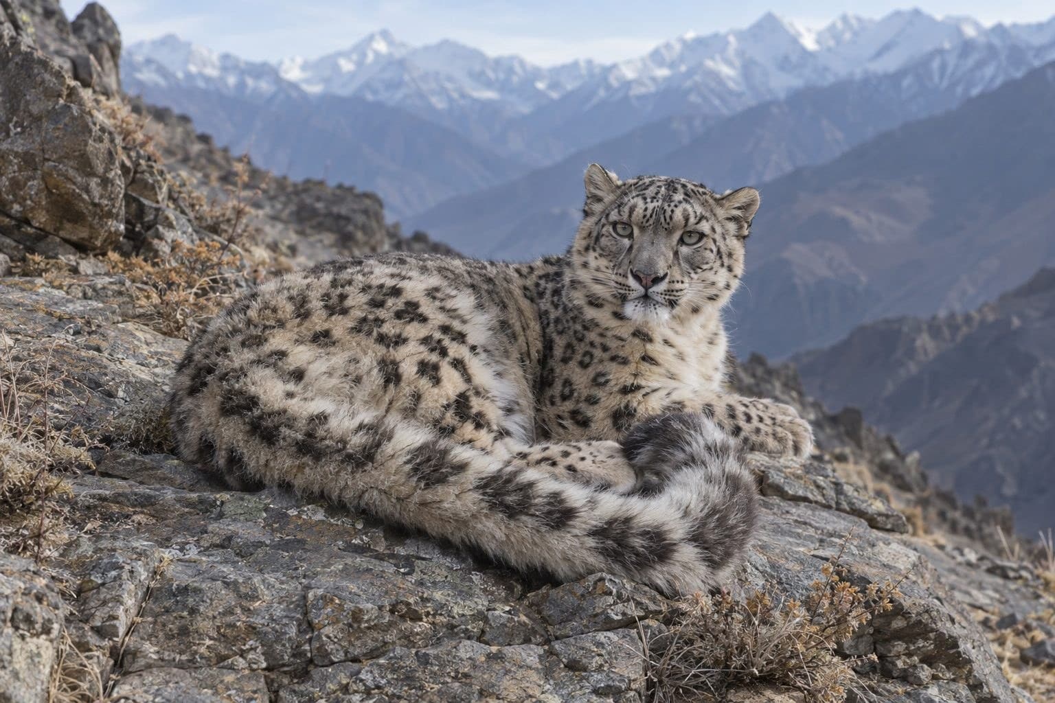 Panthère des neiges au repos, mettant en avant sa très longue queue