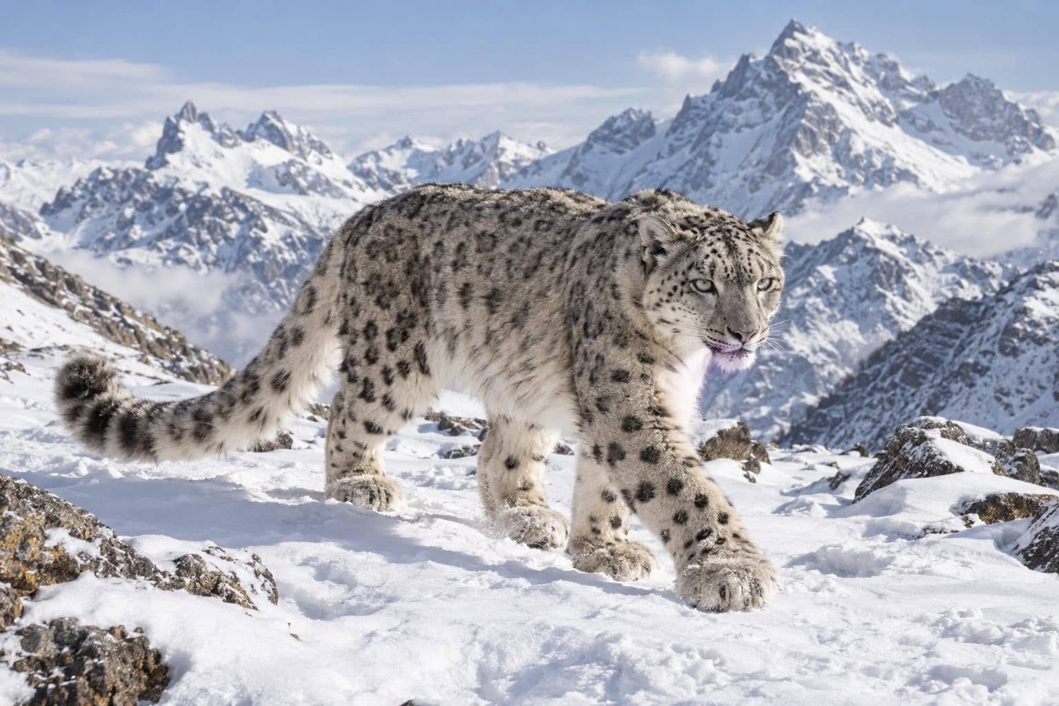 Panthère des neiges marchant dans la neige, mettant en évidence ses larges pattes