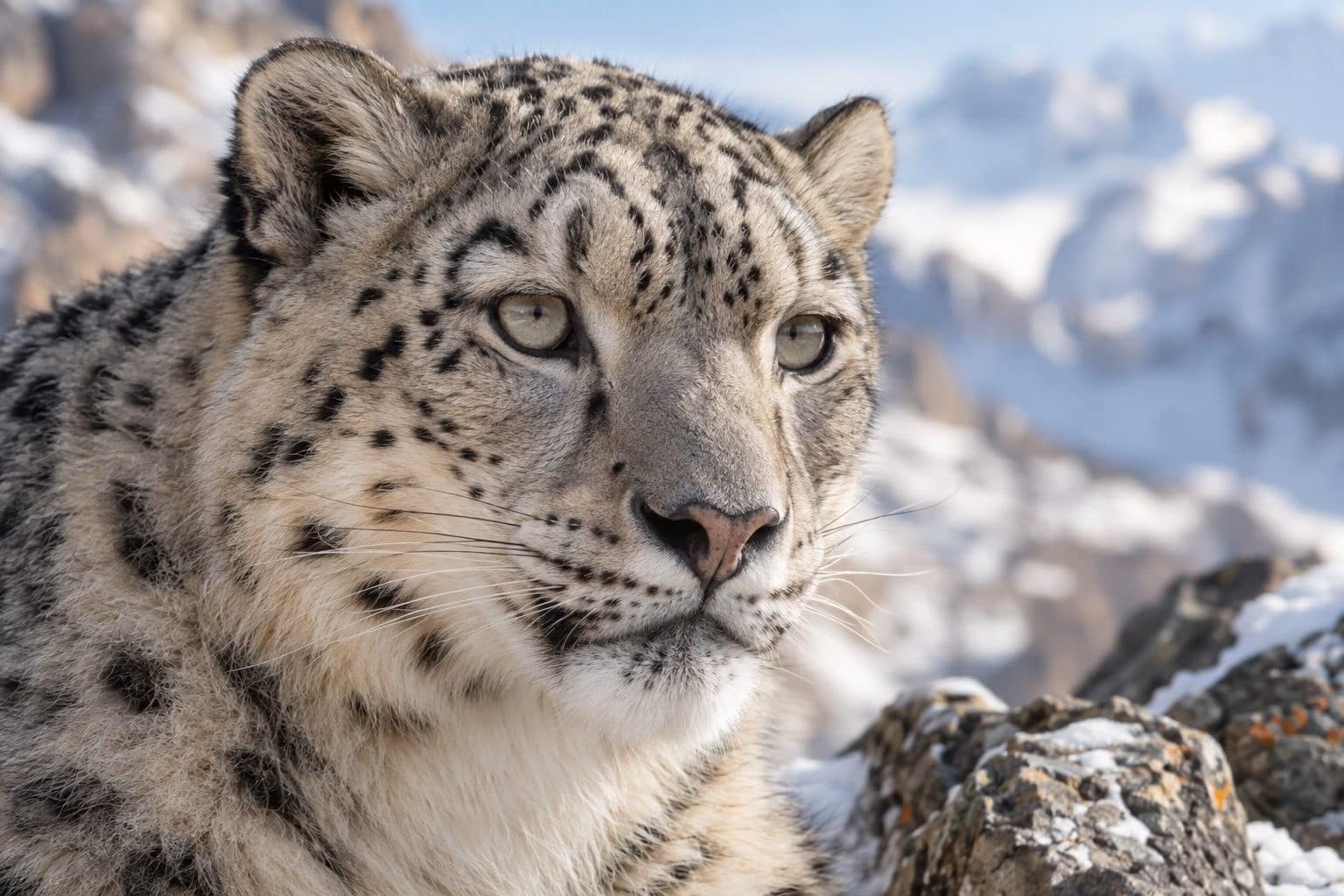 Portrait rapproché d'une panthère des neiges, montrant son expression calme et douce