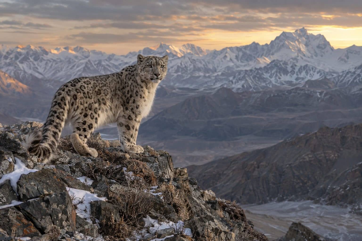 Panthère des neiges dans son habitat montagneux menacé