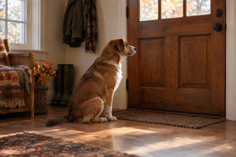 Un chien assis silencieusement adossé à une porte d'entrée, attendant le retour de son maître