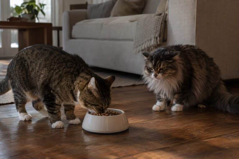 Deux chats en tension autour d'une gamelle partagée dans un salon, avec regards tendus et langage corporel agressif
