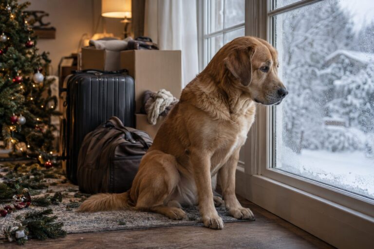 Un chien triste regardant par la fenêtre pendant la période hivernale, avec des valises et des cartons de déménagement visibles en arrière-plan