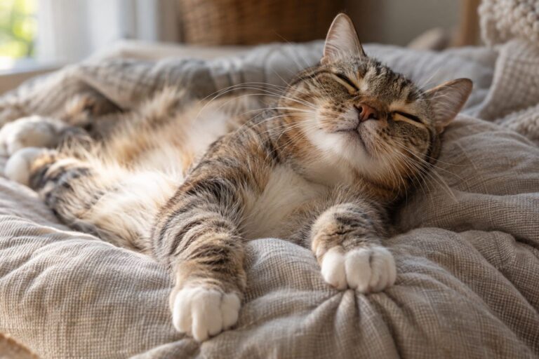 Chat domestique couché sur le dos en train de faire du patounage sur un coussin, les yeux mi-clos et l'expression béate