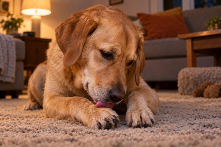 Gros plan des pattes avant d'un chien léchant ses coussinets pendant la soirée, dans un salon intime