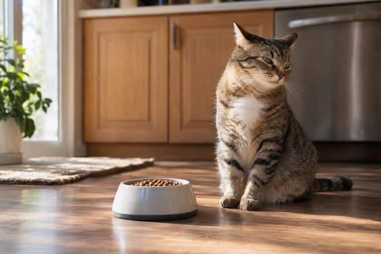 Chat domestique refusant sa nourriture, gamelle pleine devant lui dans une cuisine