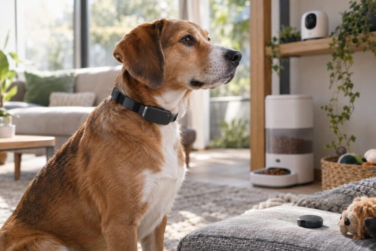Un chien portant un collier GPS connecté moderne, photographié de profil en intérieur, avec des objets de pet tech visibles autour de lui (moniteur d'activité, caméra, distributeur automatique)