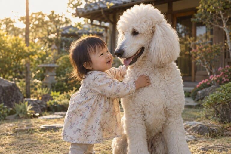 Une petite fille japonaise d'environ un an jouant tendrement avec un caniche royal blanc de grande taille dans un jardin ensoleillé