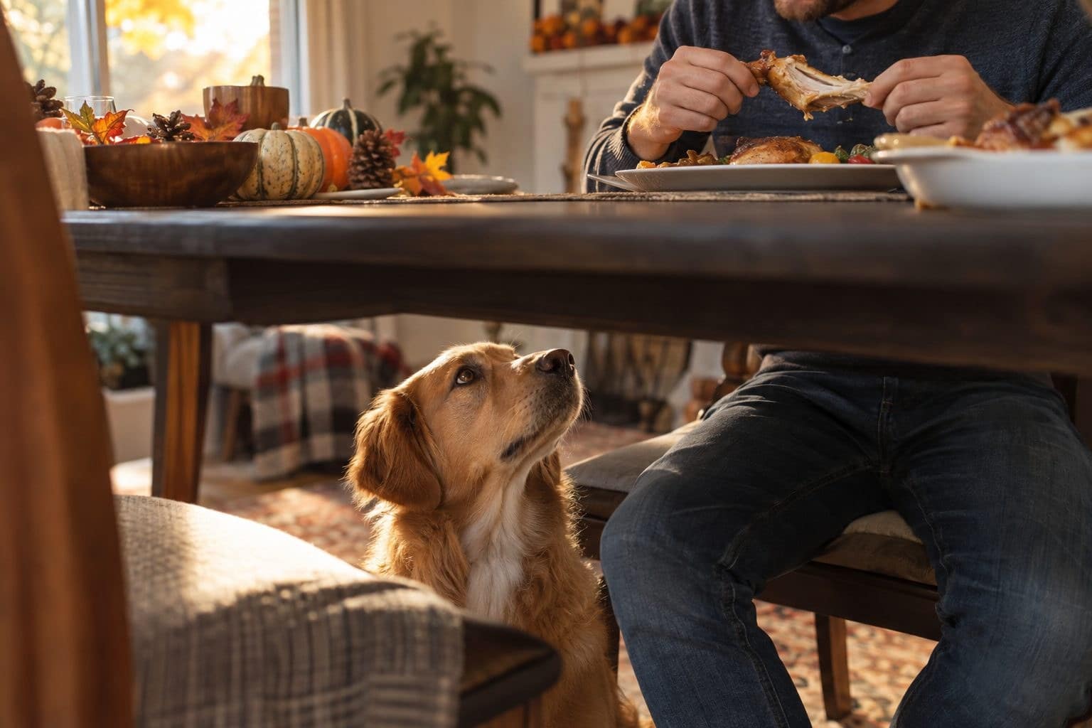 Un chien assis sous une table de salle à manger en automne, regardant avec envie un homme qui mange du poulet rôti, lumière chaude du jour déclinant par la fenêtre