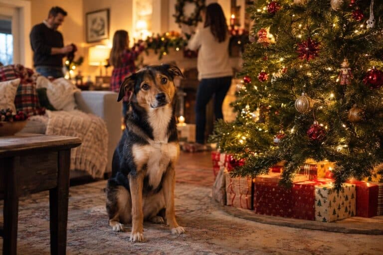 Un chien assis sagement au pied d'un sapin de Noël décoré dans un salon, tandis qu'une famille prépare les fêtes en arrière-plan