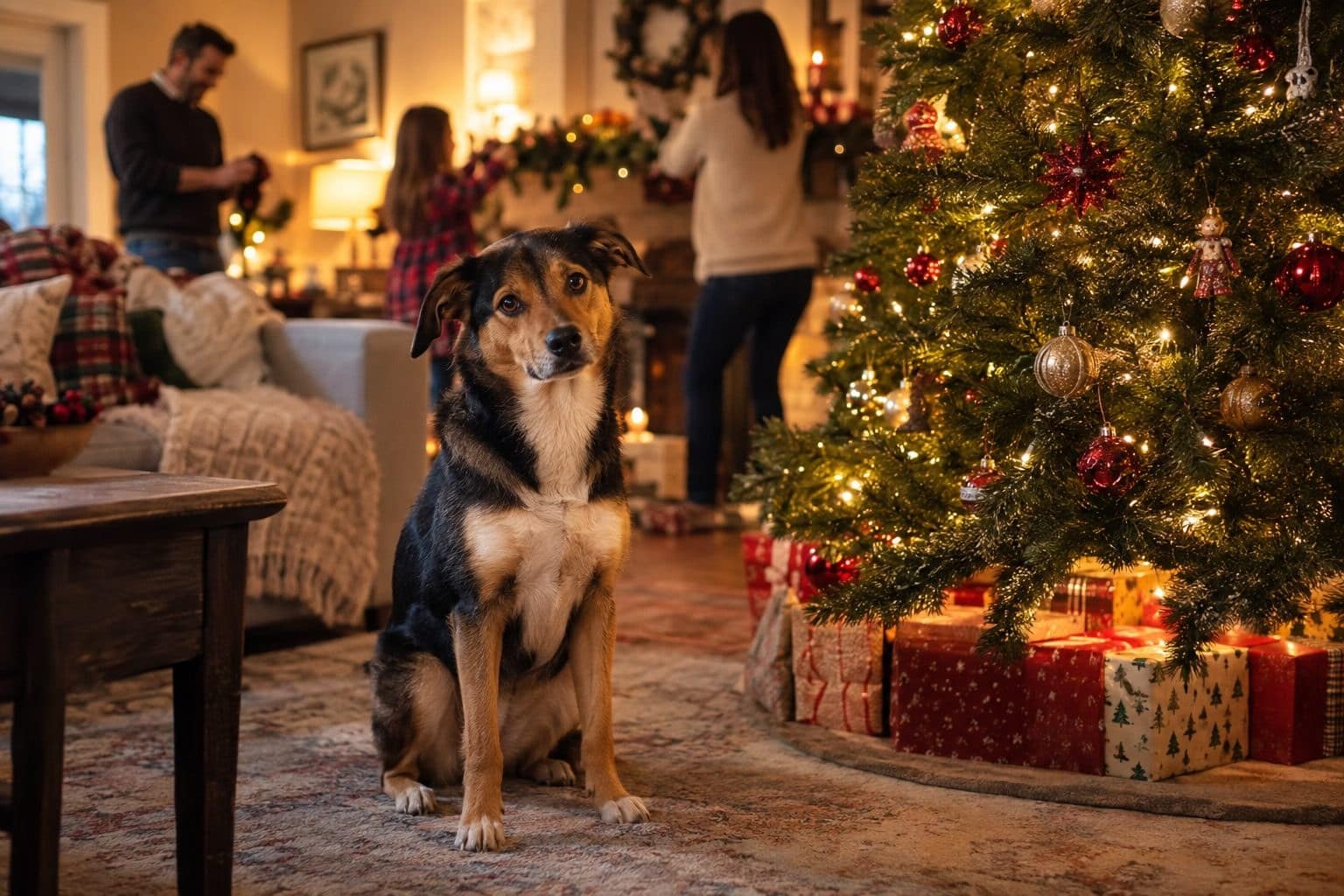 Un chien assis sagement au pied d'un sapin de Noël décoré dans un salon, tandis qu'une famille prépare les fêtes en arrière-plan