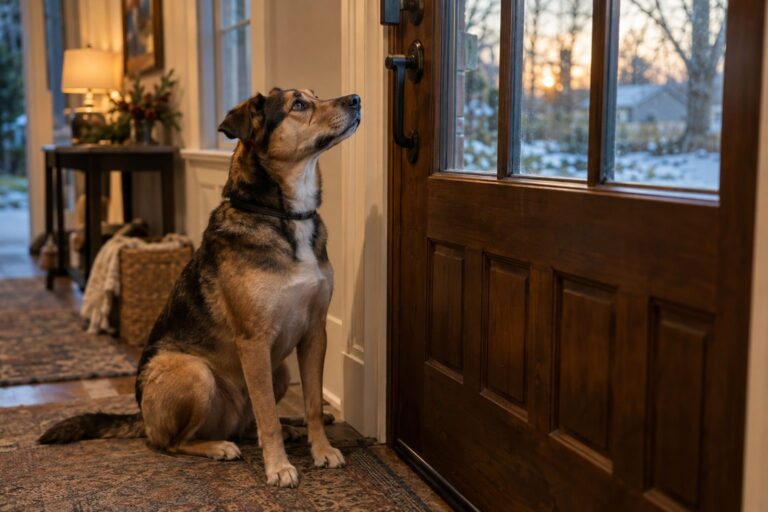 Un chien assis près d'une porte d'entrée, regardant vers l'extérieur avec impatience, pendant une journée d'automne/hiver avec lumière naturelle déclinante