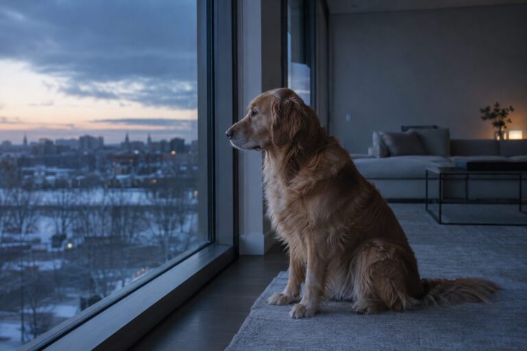 Un chien Golden Retriever seul dans un appartement moderne en fin d'après-midi hivernale, regardant par la fenêtre en attente du retour de son maître