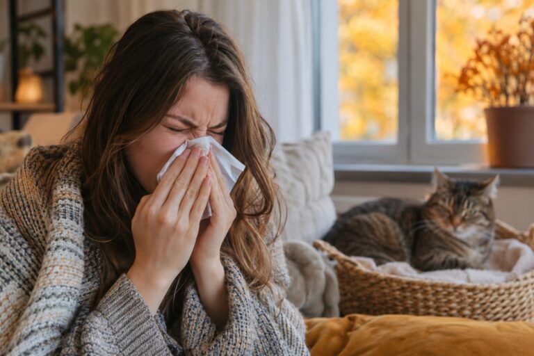 Une personne allergique éternuant près d'un chat assis dans son panier en automne