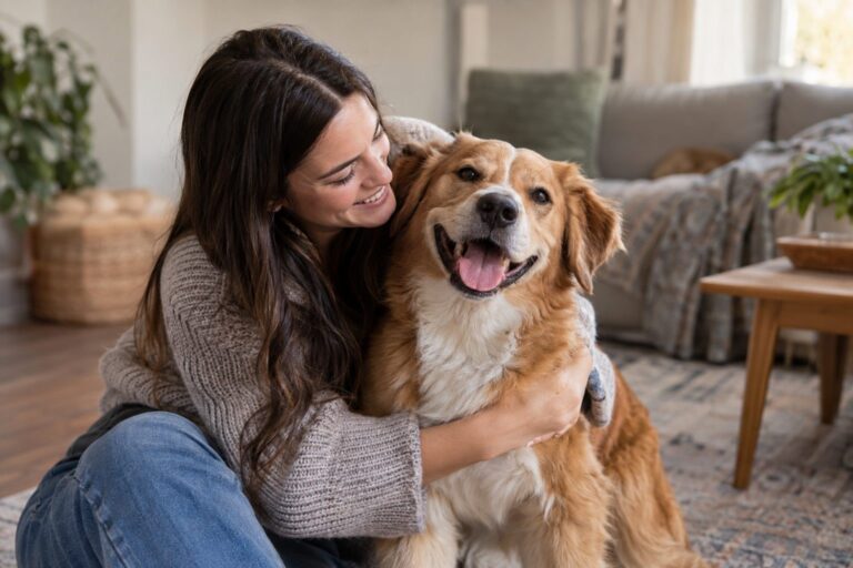 Un chien heureux aux côtés de son maître, moment d'adoption