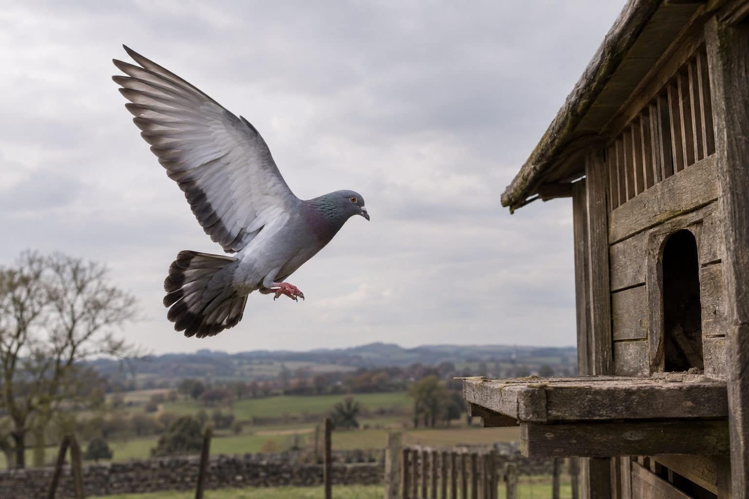 Pigeon voyageur (Columba livia domestica) en vol de retour au colombier, porteur de message