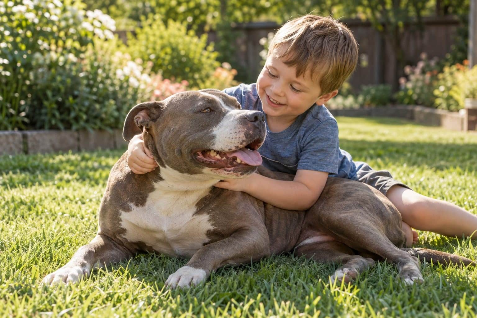 Un Pitbull adulte jouant affectueusement avec un enfant dans un jardin