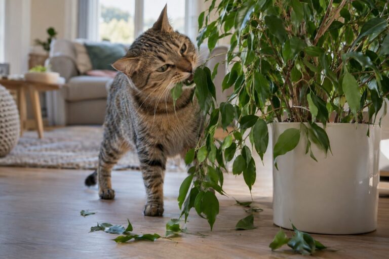 Chat gris tigré détruisant une plante verte (Ficus benjamina) en intérieur, feuilles éparpillées
