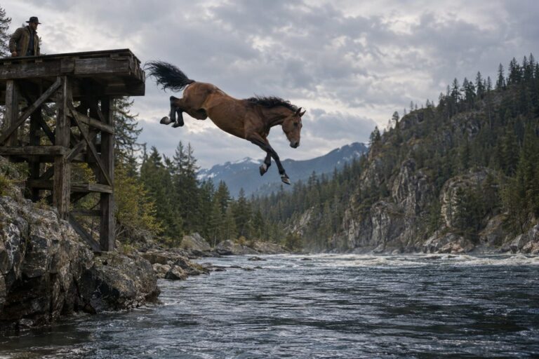 Un cheval brun se jetant dans l'eau d'une rivière depuis une falaise ou une plateforme élevée, capture le moment dramatique du plongeon