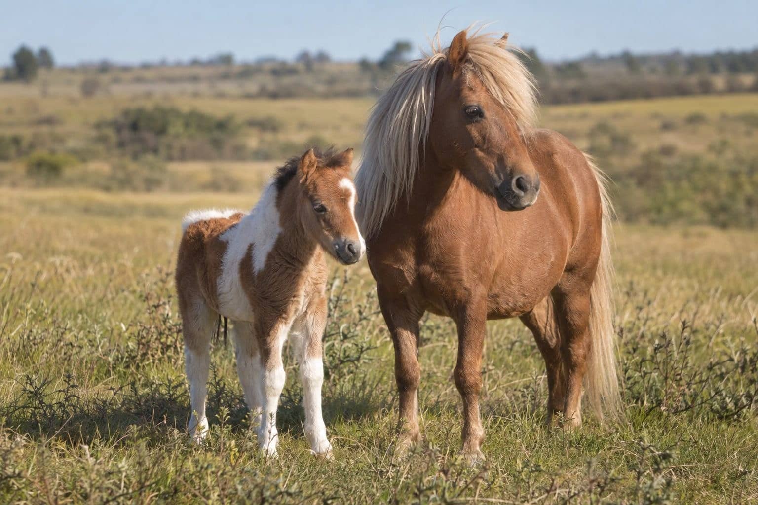 Une jument Falabella adulte avec son poulain dans une prairie argentine