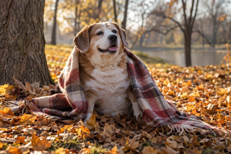 Un chien en surpoids assis paresseusement sous un plaid dans un parc d'automne avec des feuilles mortes, symbolisant la sédentarité automnale
