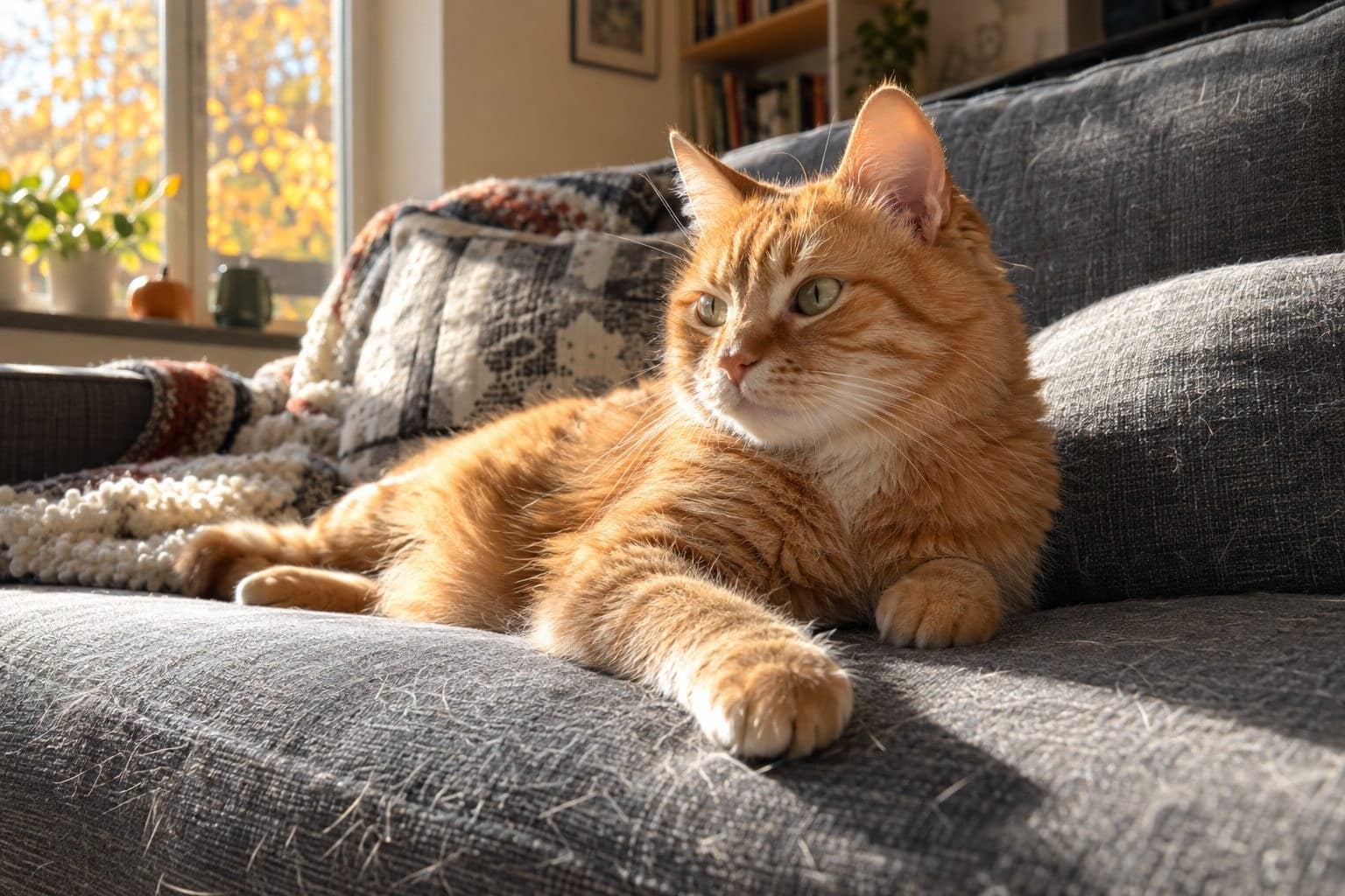 Chat roux allongé sur un canapé gris avec des poils visibles dispersés sur le tissu
