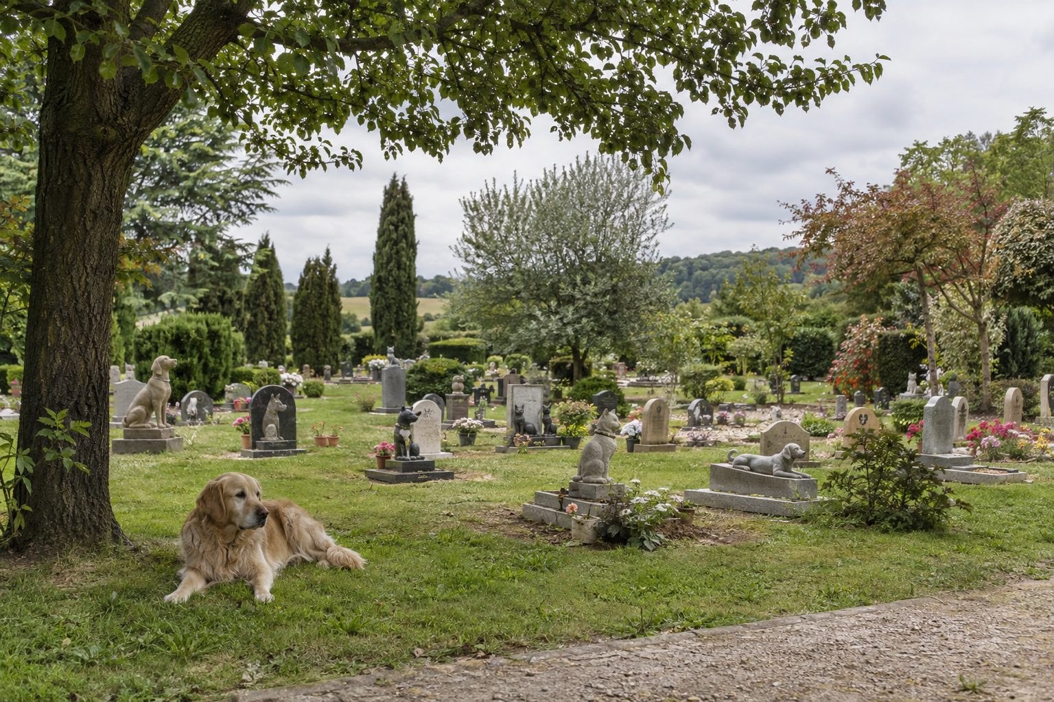 Un cimetière pour animaux de compagnie avec pierres tombales et monuments funéraires