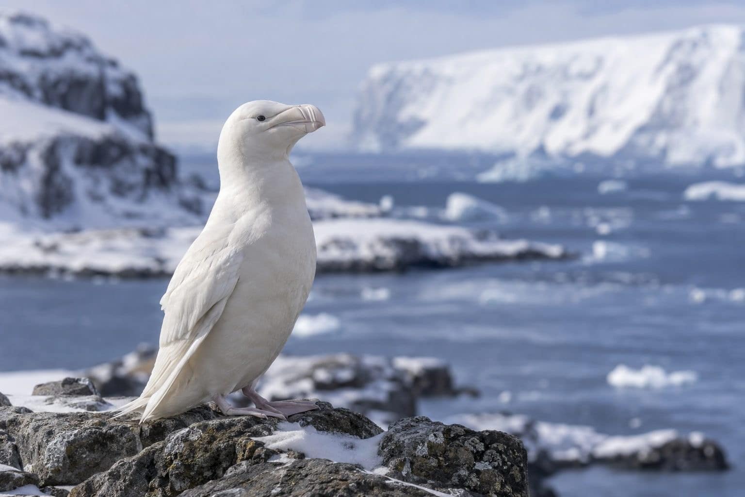 Pingouin albinos blanc immaculé debout sur la glace polaire