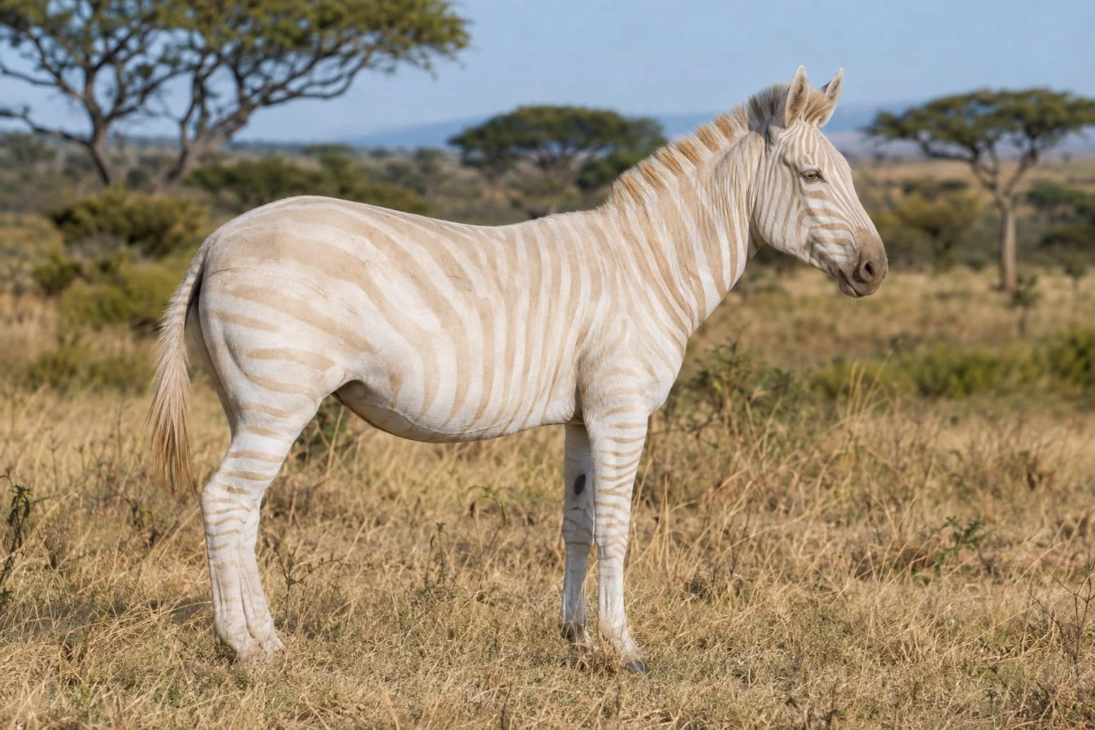 Zèbre albinos avec rayures beiges dans la savane africaine