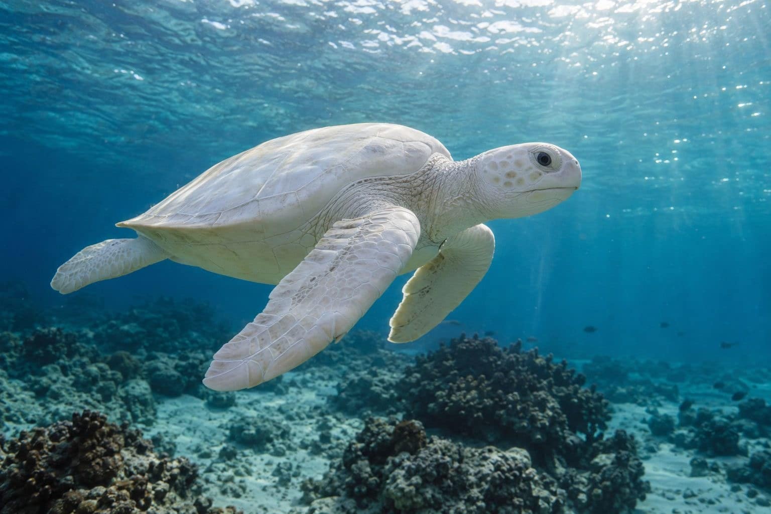 Tortue de mer albinos brillante vue de profil dans l'eau cristalline