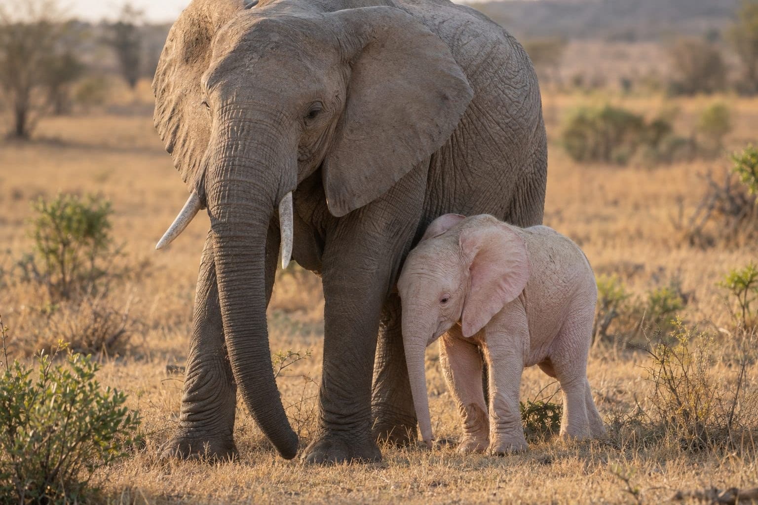 Éléphanteau albinos rose auprès de sa mère grise dans la savane