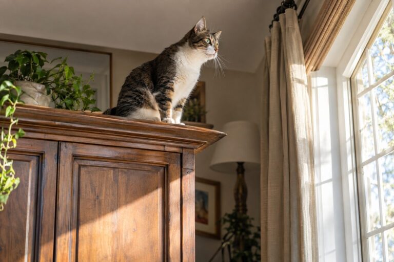 Un chat domestic perché sur une armoire, observant attentivement vers une fenêtre avec une expression de vigilance stratégique