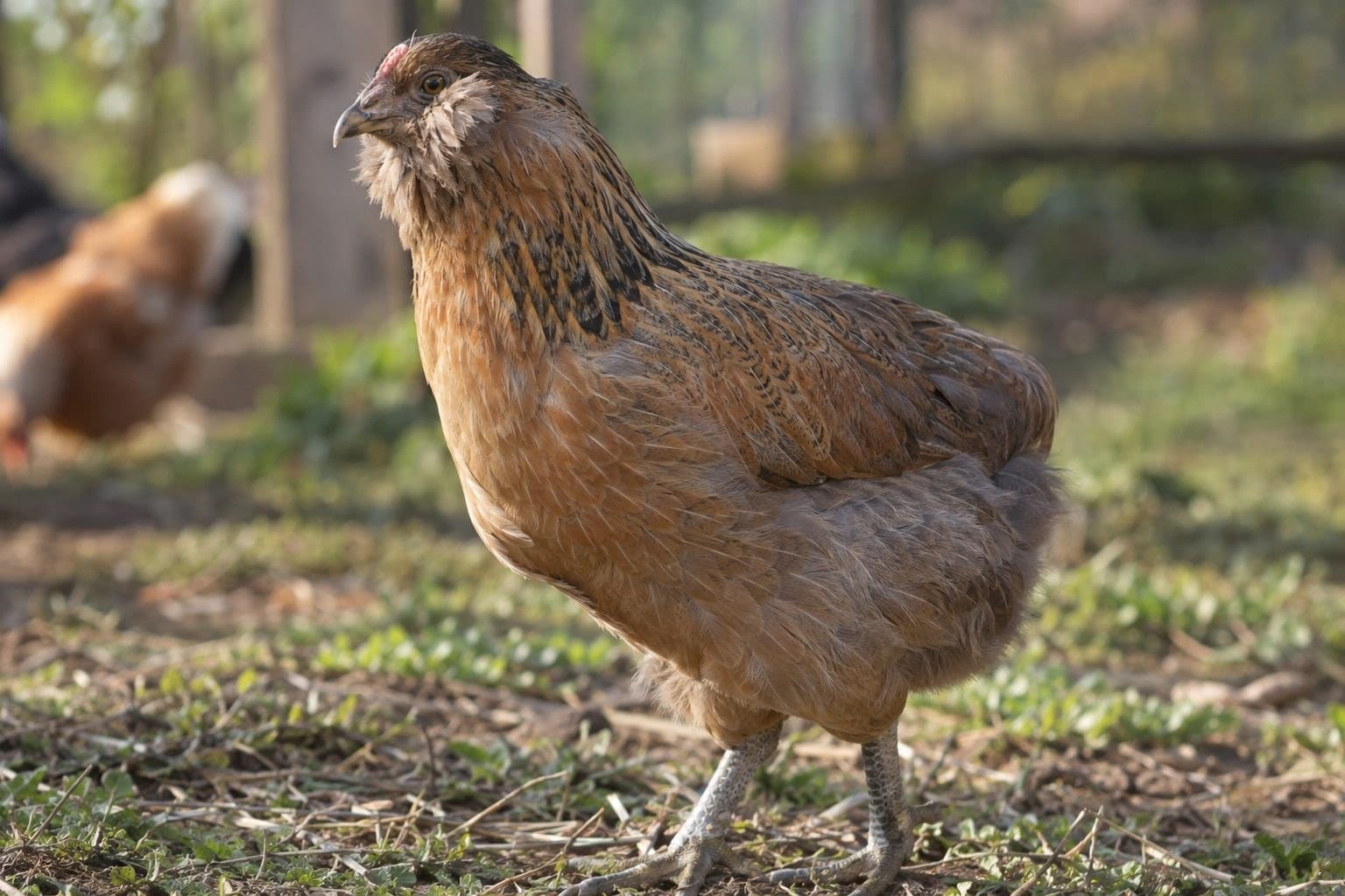 Poule Araucana de profil montrant ses toupets de plumes caractéristiques et son absence de queue