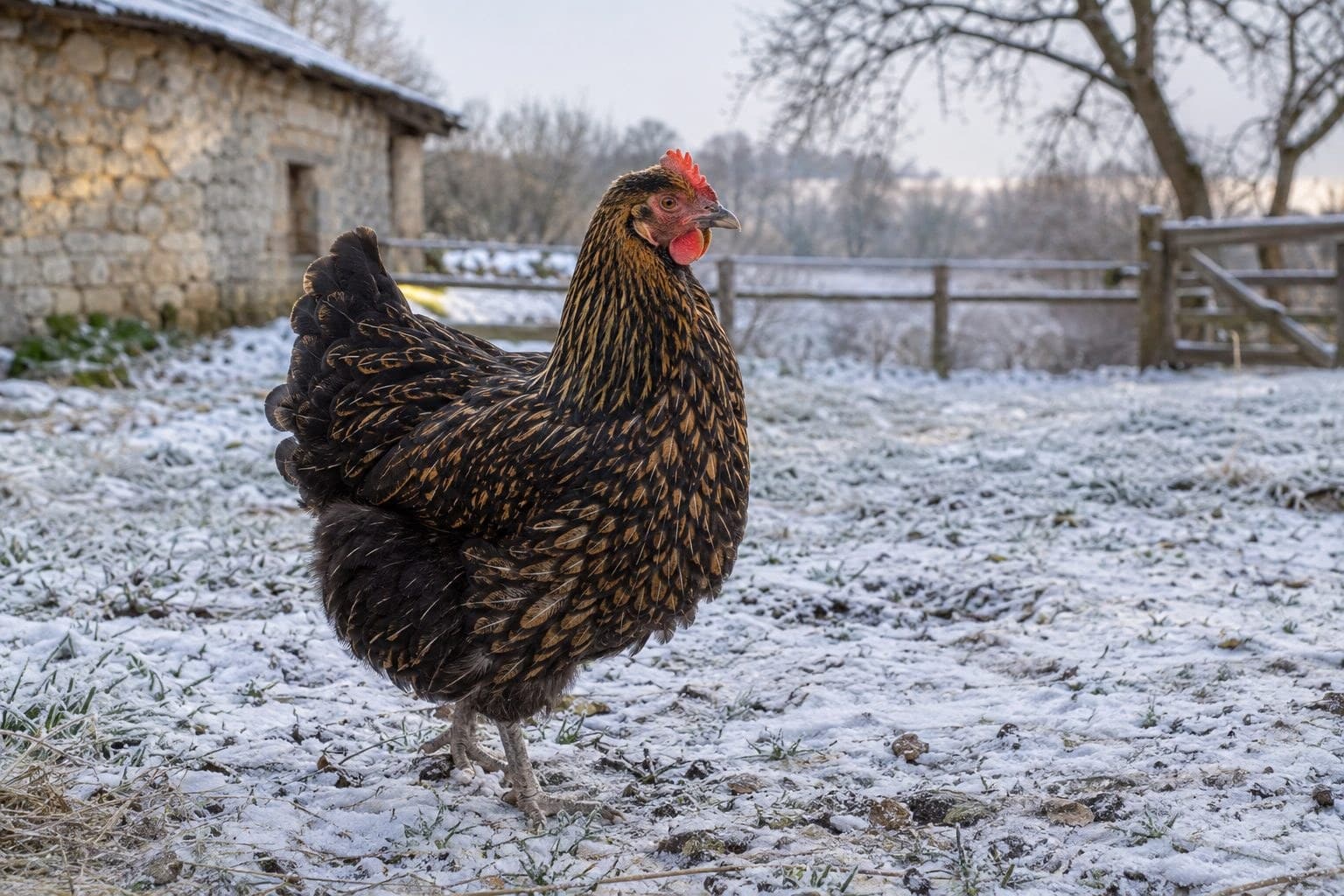 Poule Géline de Touraine dans son environnement hivernal, mettant en avant sa capacité à pondre en hiver