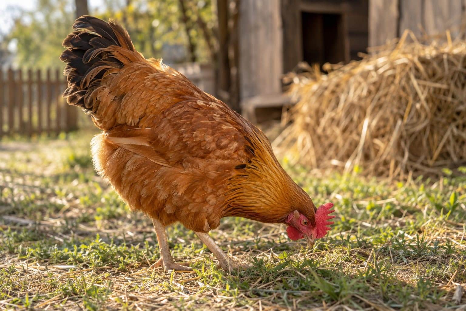 Poule Gauloise dorée se nourrissant au sol dans un environnement rustique