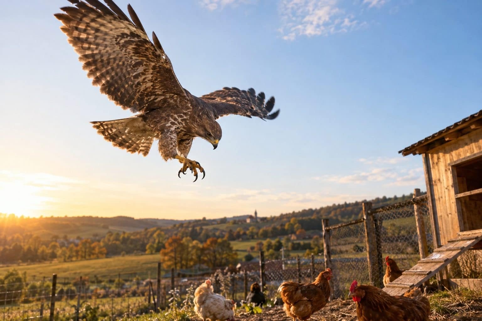 Une buse variable en vol de chasse au-dessus d'un poulailler en plein jour
