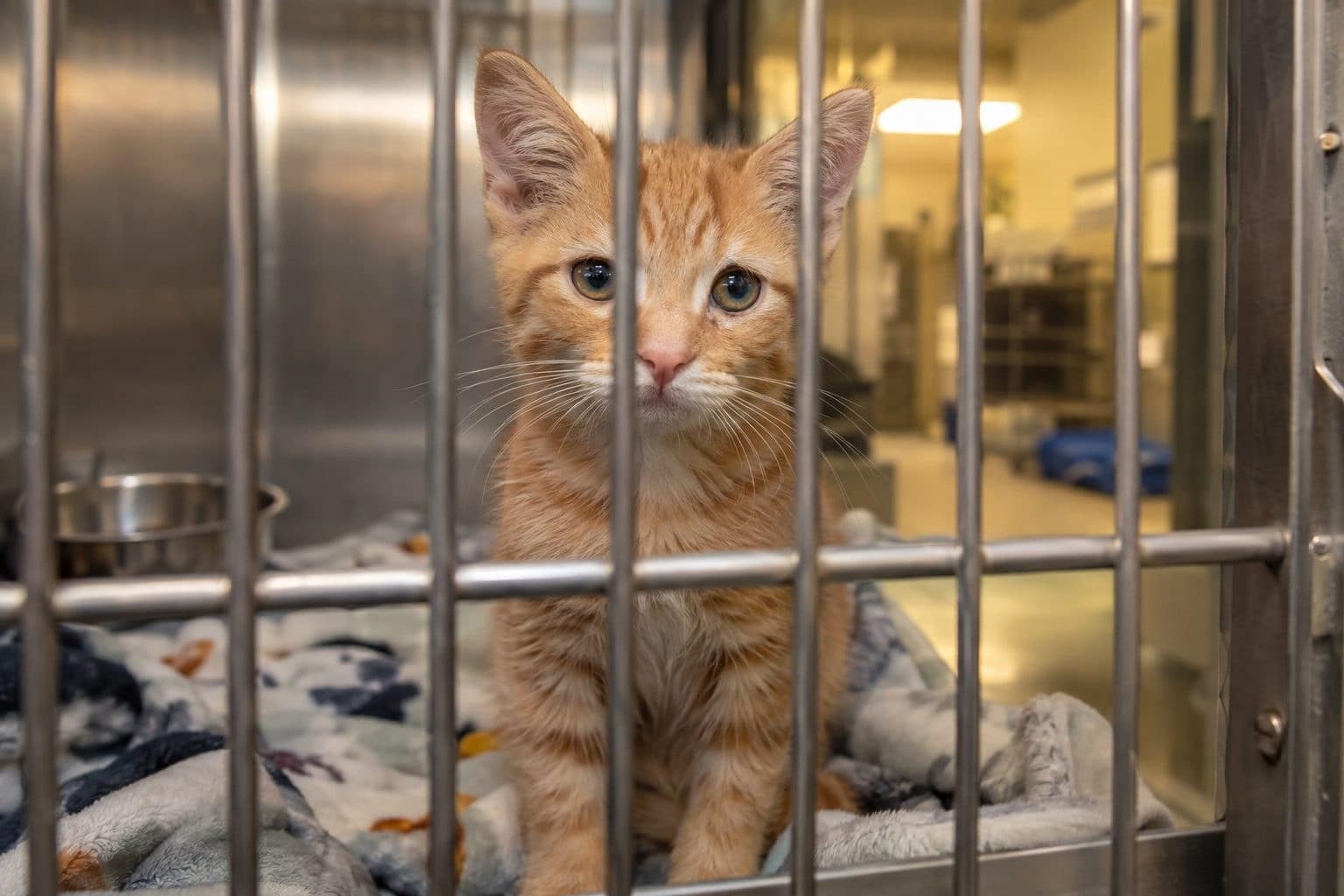 Un chaton roux en cage de refuge, assis sur une couverture, regardant vers l'avant avec une expression triste