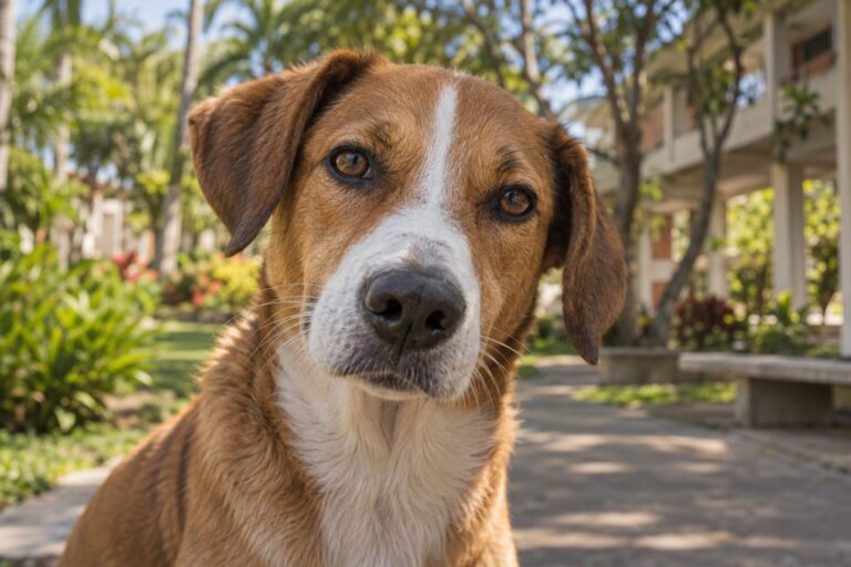 Portrait en gros plan de Negro, un chien intelligent avec des yeux expressifs, sur le campus de Monterrey