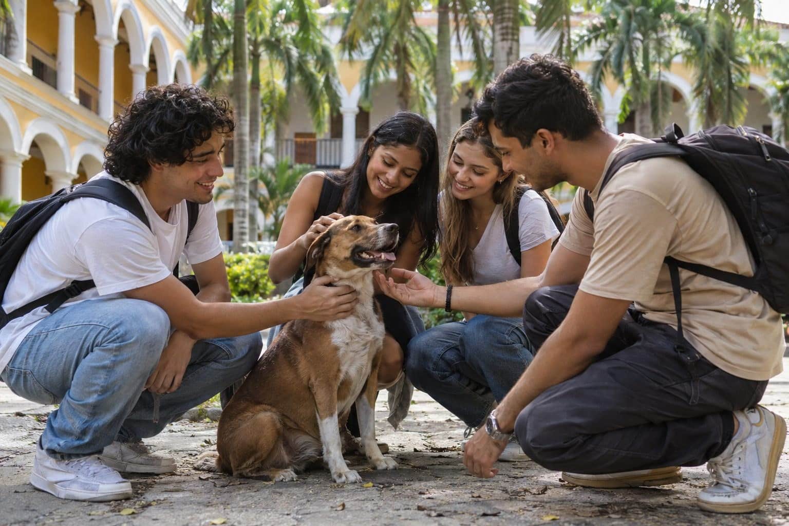 Negro, un chien brun et blanc, assis sur le campus de l'université de Monterrey en Colombie, entouré d'étudiants qui le caressent