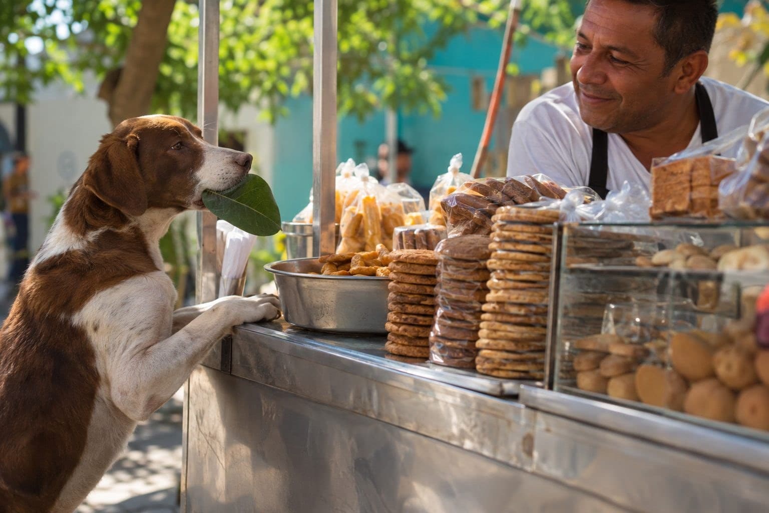 Negro le chien tenant une feuille verte dans sa gueule, debout devant un petit stand de vente de cookies avec un vendeur