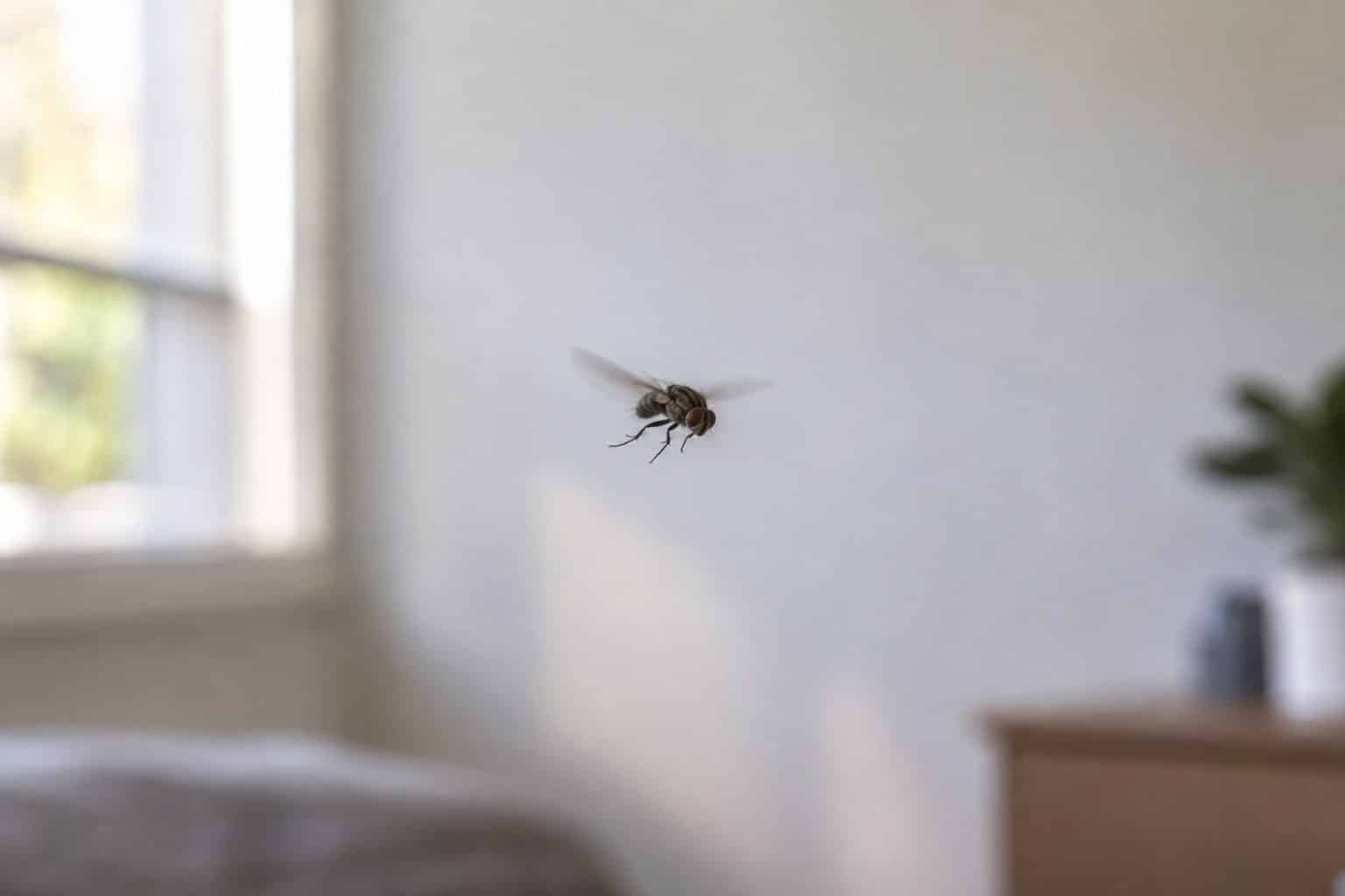 Fannia canicularis (petite mouche domestique) en vol de parade nuptiale au centre d'une pièce