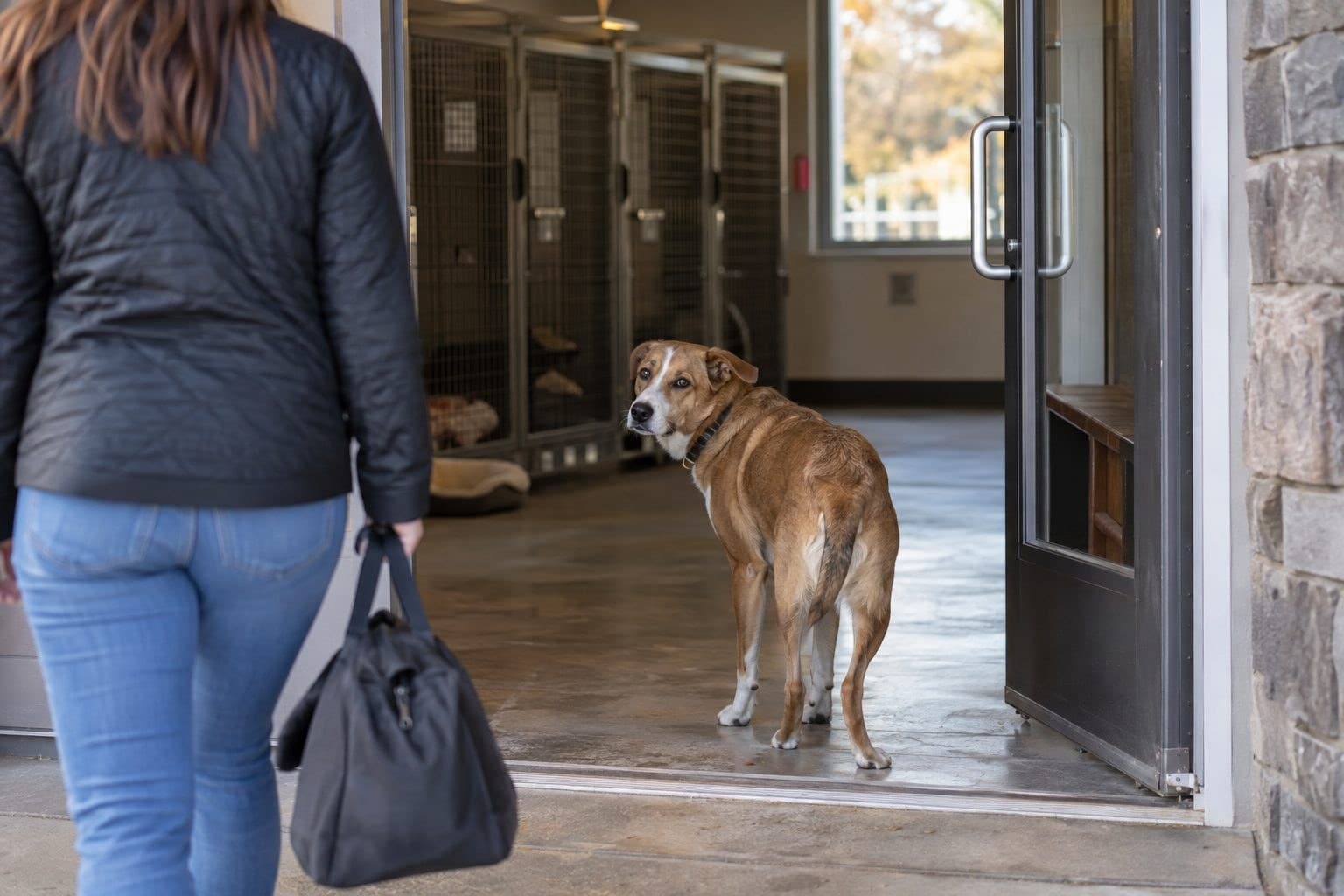 Un chien triste et anxieux séparé de son maître à l'entrée d'une pension canine