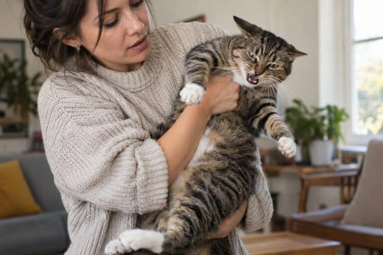 Un chat domestique se tortillant dans les bras d'une personne, visiblement mal à l'aise et cherchant à s'échapper