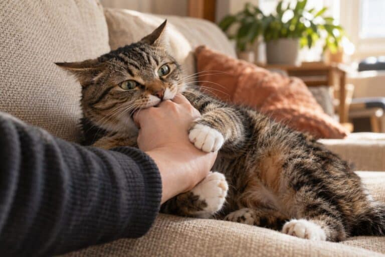 Un chat domestique passant de la détente aux mordillements pendant une caresse sur le canapé