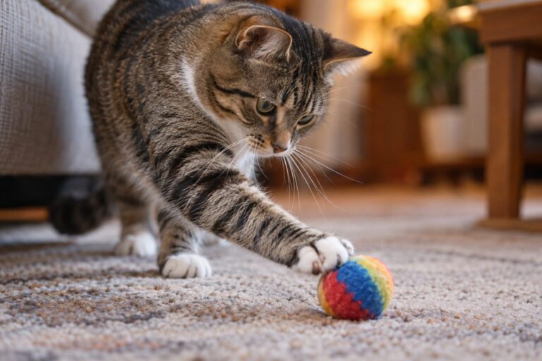 Gros plan d'une patte de chat (Felis catus) en action, tapotant une balle jouet colorée sur un tapis d'intérieur