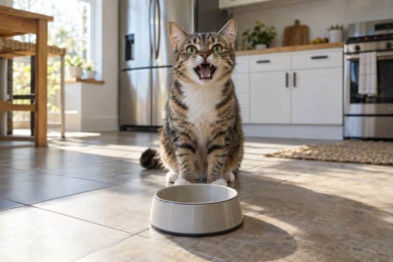 Un chat domestique devant sa gamelle à heures fixes, miaulant avec insistance