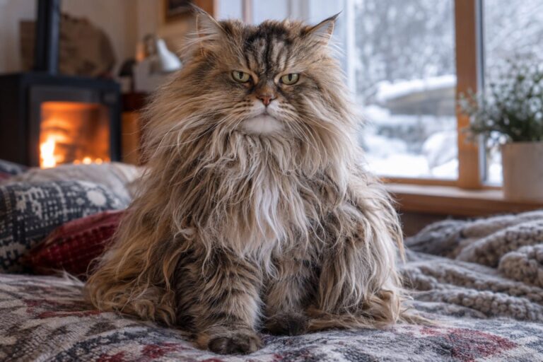 Un chat aux poils longs luxueux (type Persan ou Maine Coon) assis de face, regardant vers l'objectif avec une expression majestueuse, dans un intérieur cosy pendant l'hiver avec lumière douce naturelle mettant en évidence la complexité de sa fourrure