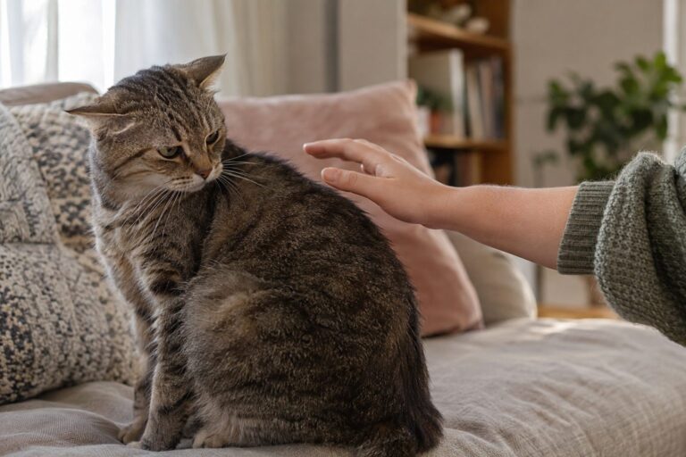 Chat domestique (Felis catus) refusant les caresses, évitant la main d'une personne qui le touche