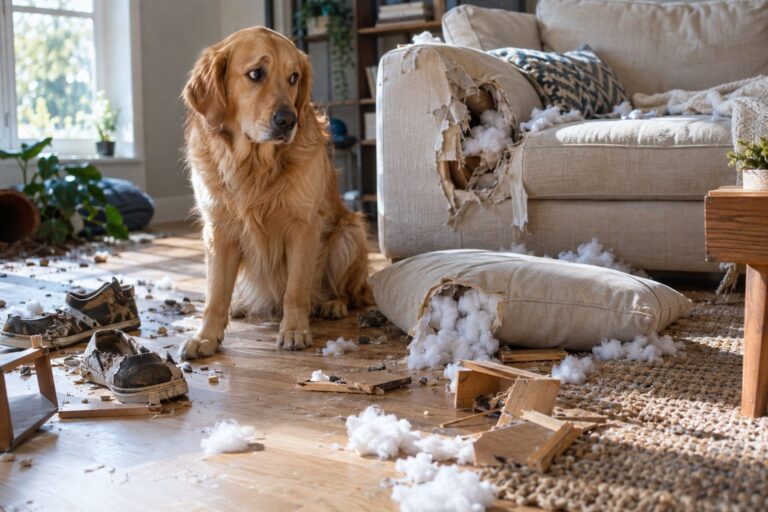 Un Golden Retriever destructeur au milieu d'un salon en désordre avec coussin éventré, débris et canapé endommagé, exprimant l'anxiété de séparation