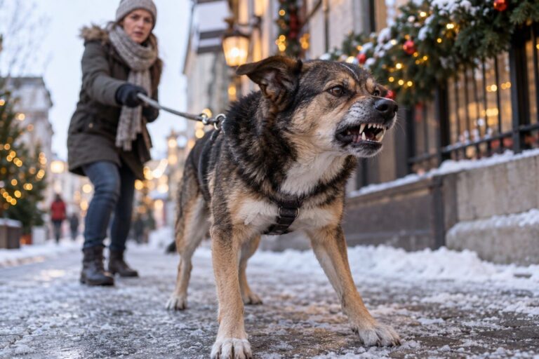 Un chien de taille moyenne montrant des signes d'agression ou de stress dans un environnement urbain hivernal, avec son propriétaire visible en arrière-plan